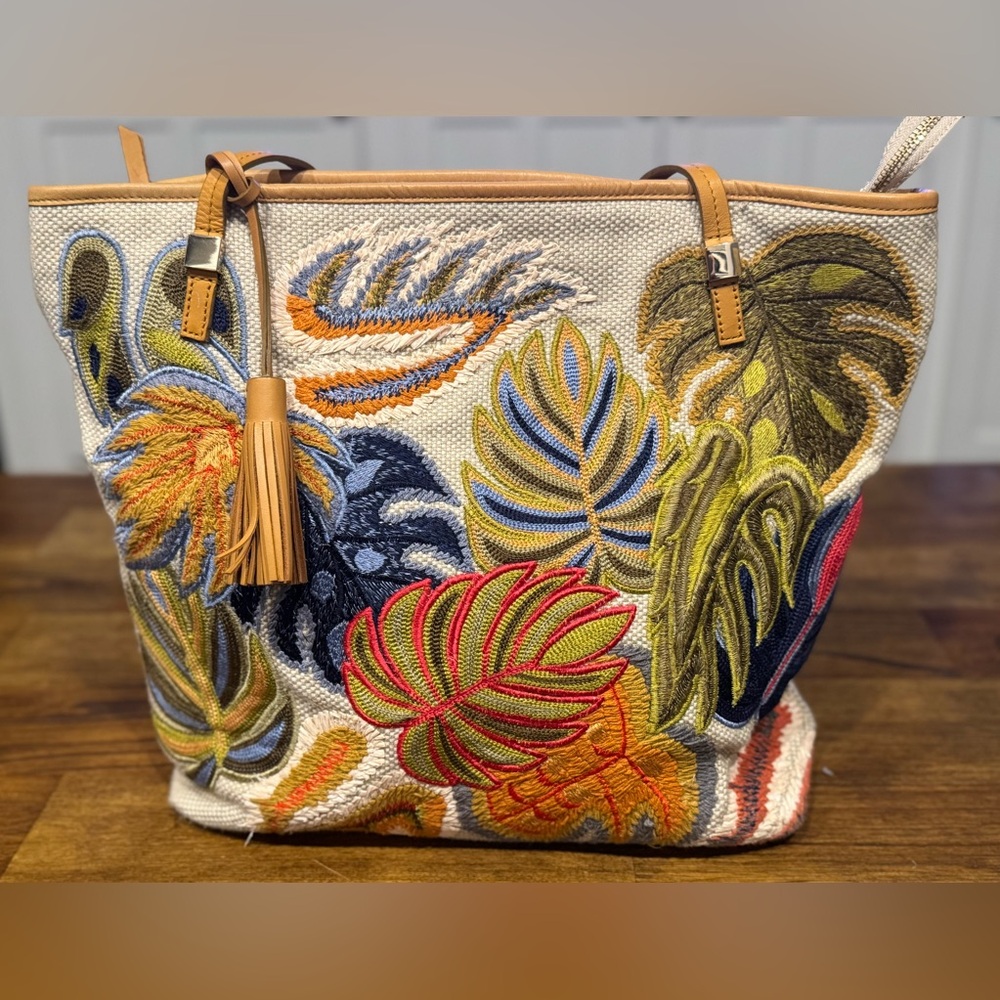 Chico's Tropical Leaf Embroidered Tote Bag.
